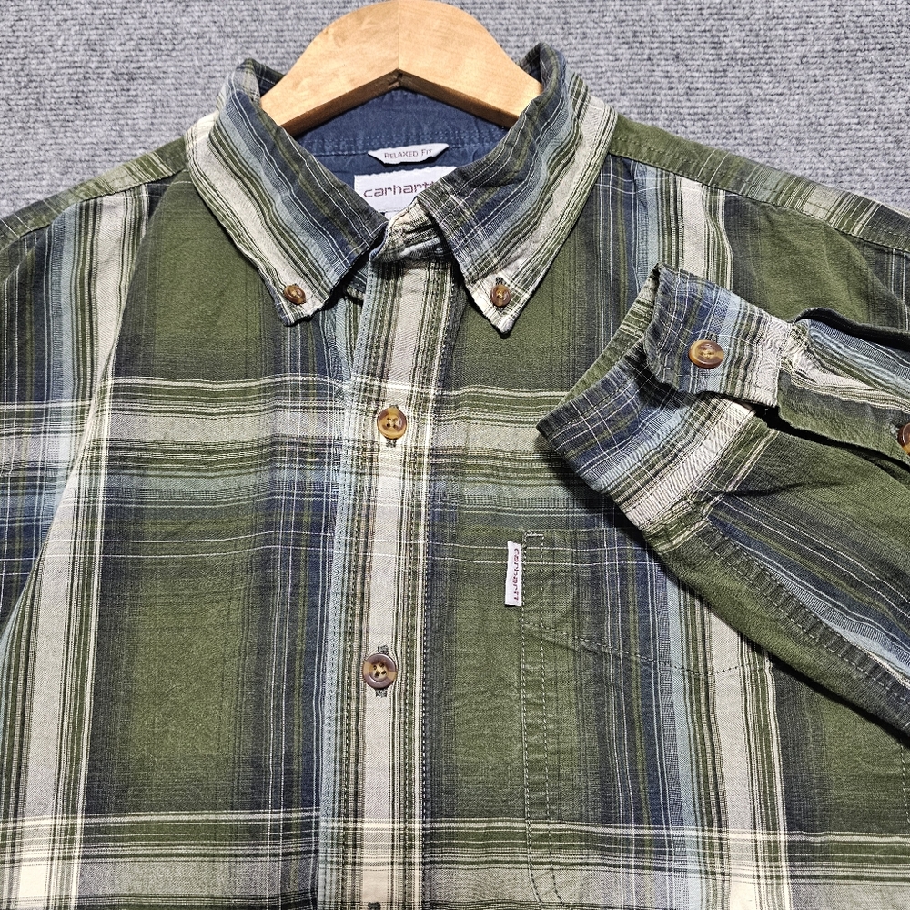 Carhartt Mens Green Plaid Long Sleeve Shirt Mens Cotton Large Outdoor Relaxed